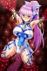 1girl absurdres armpits bare_shoulders blue_eyes blunt_bangs blush bow breasts clenched_teeth covered_erect_nipples covered_navel elbow_gloves element_venus glaring gloves hair_bow high_ponytail highleg highleg_leotard highres horns imminent_penetration imminent_rape impossible_clothes impossible_leotard kisaragi_nozomi large_breasts leotard long_hair looking_at_viewer magical_girl pink_hair ponytail rape restrained shinsou_seiki_elementia shiny_skin sirano skin_tight skirt slime_(substance) solo spread_legs sweat teeth tentacles thighhighs white_gloves white_leotard white_thighhighs