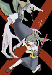 1girl absurdres ascot black_shoes blue_eyes bow closed_mouth collared_shirt commentary_request cookie_(touhou) daiyousei diyusi_(cookie) dual_wielding expressionless full_body green_hair grey_skirt grey_vest hair_bow high-visibility_clothing high-visibility_vest high_side_ponytail highres holding japhet long_hair looking_at_viewer monster off_(game) offside:_diyusi on_one_knee one_eye_closed puffy_short_sleeves puffy_sleeves razgrizes_da shirt shoes short_sleeves skirt skirt_set socks touhou traffic_baton unusually_open_eyes vest white_shirt white_socks yellow_ascot yellow_bow