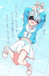 1girl arm_up arona_(blue_archive) black_blindfold blindfold blue_archive blue_hair blush bound braid floor_tiles highres kuromiya_sakana legs_together navel open_mouth school_uniform short_hair side_braid skirt solo tied_up_(nonsexual) white_footwear white_skirt