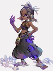 1girl bandages black_pants black_shirt bone breasts colored_eyelashes crop_top dark-skinned_female dark_skin earrings fangs frye_(splatoon) frye_(splatoween)_(splatoon) full_body gold_necklace grey_hair highres inkling jewelry multicolored_hair navel necklace nintendo official_alternate_costume open_mouth pants pointy_ears saildraws shirt simple_background smile solo splatoon_(series) splatoon_3 standing symbol-shaped_pupils tentacle_hair white_background yellow_eyes