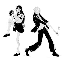 1boy 1girl baggy_pants baseball baseball_bat baseball_glove closed_mouth cloud_strife cloud_strife_(midgard_seventh_high_school) collared_shirt commentary_request earrings final_fantasy final_fantasy_vii final_fantasy_vii_ever_crisis foot_up full_body gakuran greyscale hair_ornament hair_scrunchie hairclip highres holding holding_baseball_bat jacket jewelry kneehighs long_hair long_sleeves low-tied_long_hair midriff_peek miniskirt mixmomo_yah monochrome neckerchief official_alternate_costume open_clothes open_jacket pants pleated_skirt sailor_collar school_uniform scrunchie serafuku shirt shoes short_hair short_sleeves skirt socks spiked_hair standing standing_on_one_leg swinging_baseball_bat tifa_lockhart tifa_lockhart_(midgard_seventh_high_school) white_background