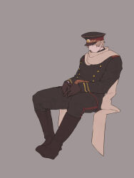 1boy axis_powers_hetalia bazubi belt black_hat black_jacket black_pants blonde_hair boots brown_belt brown_boots brown_gloves buttons closed_mouth commentary full_body gloves grey_background hat hat_ornament highres jacket long_sleeves looking_to_the_side male_focus military_hat military_jacket military_uniform pants red_eyes russia_(hetalia) scarf short_hair simple_background sitting solo star_(symbol) star_hat_ornament white_scarf
