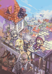 4boys 4girls ahoge aircraft airship armor arms_behind_head bag bald barrel beard black_hair black_hat black_pants blonde_hair boots brown_boots brown_cloak brown_eyes building castle chain chibi chimney city cloak closed_eyes cloud commentary_request crossed_arms day facial_hair fantasy fingerless_gloves flower gloves grey_hair grin hair_flower hair_ornament hairband hand_on_own_hip hat helmet highres holding holding_knife hood hood_up hooded_cloak knife konno_takashi lantern long_hair long_sleeves lying mask mouth_mask multiple_boys multiple_girls old old_man on_back open_mouth outdoors pants pointing pointy_ears puffy_shorts purple_hood red_shorts scar_on_head shorts skull_print smile spire squatting stairs standing sword sword_world_2.5 tile_roof twintails weapon white_hairband window window_shutter