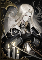 1boy absurdres alucard_(castlevania) ascot bishounen black_background black_coat black_gloves blonde_hair candle castlevania:_symphony_of_the_night castlevania_(series) closed_mouth coat collared_shirt commentary_request curtained_hair dagger eeveetachi fire floating_hair gloves highres holding holding_dagger holding_knife holding_weapon knife long_hair long_sleeves looking_down male_focus mystical_high_collar own_hands_clasped own_hands_together pointy_ears shirt solo twitter_username upper_body very_long_hair weapon white_ascot wing_collar yellow_eyes