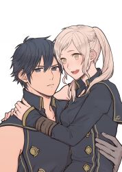 1boy 1girl :d babynabe blue_eyes blue_hair blue_shirt brown_eyes carrying chrom_(fire_emblem) chrom_(fire_emblem)_(cosplay) collarbone collared_shirt commentary_request cosplay couple female_robin_(fire_emblem) fire_emblem fire_emblem_awakening gloves grey_gloves hair_between_eyes hetero highres long_hair looking_at_viewer matching_outfits nintendo open_mouth princess_carry shirt short_hair simple_background single_sleeve smile teeth tongue twintails white_background white_hair