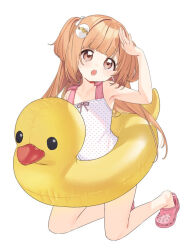 1girl brown_eyes commentary_request duck_innertube egg_hair_ornament food-themed_hair_ornament hair_ornament innertube kirara_tamako kneeling long_hair nijisanji nikuya_mugi one-piece_swimsuit open_mouth orange_hair pink_sandals polka_dot polka_dot_swimsuit sandals simple_background solo swim_ring swimsuit virtual_youtuber white_background white_one-piece_swimsuit