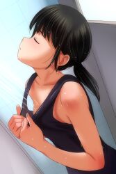 1girl absurdres black_one-piece_swimsuit blush breasts closed_eyes clothes_pull commentary_request cowboy_shot dutch_angle head_back highres indoors matsunaga_kouyou new_school_swimsuit nose_blush one-piece_swimsuit one-piece_swimsuit_pull original parted_lips ponytail school_swimsuit short_hair showering sidelocks small_breasts solo swimsuit water_drop wet