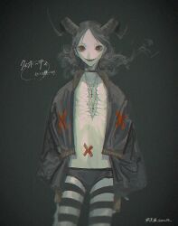 1boy black_background black_choker black_hair black_jacket cevio choker cross cross_necklace demon_boy forehead goat_horns haikokyuu highres horns jacket jewelry looking_at_viewer medium_hair necklace open_clothes open_jacket pants quixote_(cevio) red_eyes scar scar_on_chest sharp_teeth signature smile striped_clothes striped_thighhighs teeth thighhighs unworn_sleeves x