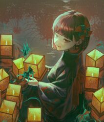Rule 34 | 1girl, black hair, black kimono, commentary request, fish, goldfish, highres, japanese clothes, kimono, lantern, looking at viewer, matsu bokkuri, obon, original, paper lantern, pinwheel hair ornament, red eyes, reflection, short hair, smile, solo, wading, water, yukata