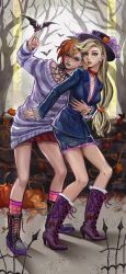 2girls absurdres aegyo_sal alternate_costume alternate_hair_color alternate_skin_color applejack applejack_(equestria_girls) asymmetrical_hair bare_shoulders bare_tree bat_(animal) black_boots black_hair black_skirt blonde_hair blue_jacket boots breasts broken_fence chinese_commentary choker cleavage closed_mouth collarbone commentary_request ear_piercing earrings eyelashes fence food-themed_hair_ornament frilled_boots frills full_body green_eyes green_lips grey_sky hair_behind_ear hair_between_eyes hair_ornament hairclip halloween hand_on_another&#039;s_hand hand_on_another&#039;s_stomach high_heel_boots high_heels highres jacket jewelry kewoshixiaodaia kneehighs lace-up_boots lapels leaning_to_the_side long_hair long_sleeves looking_up low-tied_long_hair medium_breasts miniskirt multicolored_hair multiple_girls my_little_pony my_little_pony:_equestria_girls my_little_pony:_friendship_is_magic off-shoulder_sweater off_shoulder orange_hair orange_lips outdoors parted_lips pencil_skirt petticoat piercing pink_eyes pink_socks pinky_out pleated_skirt pumpkin pumpkin_hair_ornament purple_boots purple_choker purple_sweater rainbow_dash rainbow_dash_(equestria_girls) red_choker red_hair red_skirt side_slit sidecut skirt sky sleeves_past_wrists socks standing streaked_hair striped_clothes striped_sweater sweater swept_bangs tree two-tone_hair undercut v-shaped_eyebrows