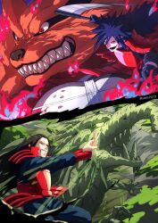 armor battle black_bodysuit black_eyes black_hair body_fur bodysuit clenched_teeth dragon fire hand_fan highres holding holding_fan holding_scythe kitsune kuji-in kurama_(naruto) kyuubi long_hair multiple_tails naruto_(series) naruto_shippuuden open_mouth parted_lips red_armor red_eyes red_fur scythe senju_hashirama sharingan sharp_teeth spiked_hair sssiii7610 tail teeth uchiha_madara upper_body war_fan whiskers