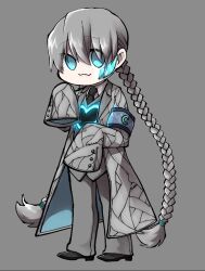 Rule 34 | 1girl, :3, armband, blue eyes, chibi, coat, crystal, e.g.o (project moon), employee (project moon), grey armband, grey background, grey coat, grey jacket, grey pants, highres, jacket, lobotomy corporation, looking at viewer, nugget (project moon), pants, project moon, simple background, solo, sound of a star (e.g.o), yatsumeunagi