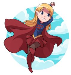 1girl arms_up bad_id bad_tumblr_id blonde_hair blue_eyes boots cape cloud dc_comics female_focus full_body knee_boots kryptonian long_hair mary_cagle pantyhose red_boots red_cape red_skirt signature skirt smile solo stretching supergirl superhero_costume superman_(series)