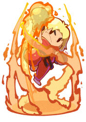 Rule 34 | 04sora40, 1boy, arm up, barefoot, blonde hair, chibi, closed mouth, commentary, dougi, full body, karate gi, ken masters, male focus, mismatched eyebrows, nintendo, simple background, solo, street fighter, super smash bros., white background