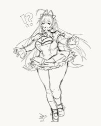 !? &gt;_&lt; 1girl :o ahoge breasts cleavage dot_nose fat hair_ears hair_intakes hair_ornament heart heart_hair_ornament highres large_breasts long_hair long_sleeves mary_janes meisharan miniskirt nanaco_(meisharan) open_mouth original shoes sketch skirt socks solo thick_thighs thighs tripping white_background