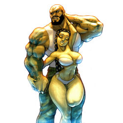 2girls arm_up bikini braid bread breasts cleavage closed_eyes closed_mouth commission cowboy_shot curvy dark-skinned_female dark-skinned_male dark_skin food highres large_breasts leg_up long_hair looking_to_the_side mole mole_under_mouth multiple_girls muscular muscular_male navel original pants size_difference swimsuit sykosan tank_top tattoo white_background