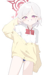 1girl absurdres blue_archive blue_panties bow bowtie cardigan collared_shirt cowboy_shot earrings flat_chest grey_hair grin halo heart heart_earrings highres honi_(honi1010) jewelry looking_at_viewer mutsuki_(blue_archive) off_shoulder panties pointy_ears purple_eyes red_bow red_bowtie red_halo shirt short_sleeves simple_background slit_pupils smile solo underwear v white_background white_shirt yellow_cardigan
