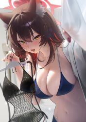 1girl absurdres animal_ear_fluff animal_ears bikini black_one-piece_swimsuit blue_archive blue_bikini blush breasts brown_hair cleavage clothes_hanger colored_inner_hair commentary_request daehoak fox_ears fox_girl halo highres holding holding_clothes_hanger large_breasts long_hair looking_at_viewer multicolored_hair one-piece_swimsuit open_mouth outstretched_arm red_hair red_halo smile solo swimsuit unworn_swimsuit wakamo_(blue_archive) yellow_eyes