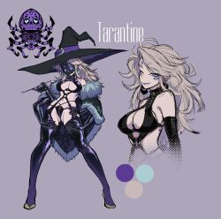 1girl absurdres arthropod_girl blonde_hair blue_eyes bondage_outfit boots breasts crotch_zipper earrings elbow_gloves extra_arms extra_eyes full_body garter_straps gloves grey_background hand_on_own_hip hat highres insect_girl jewelry kiseru long_hair mask medium_breasts navel one_eye_closed original ryuu_tou shiny_clothes skull_mask smoke smoke_trail smoking_pipe solo spider_girl standing thigh_boots witch witch_hat