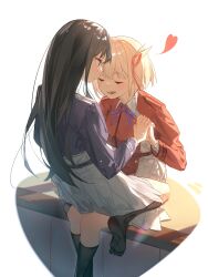 2girls absurdres black_hair black_socks blonde_hair blue_dress blush closed_mouth collared_shirt dkl_(dinosaurkl2) dress facing_another hair_ribbon heart highres holding_hands inoue_takina interlocked_fingers kneehighs long_hair long_sleeves looking_at_another lower_teeth_only lycoris_recoil lycoris_uniform multiple_girls neck_ribbon nishikigi_chisato open_mouth pleated_dress purple_eyes purple_ribbon red_dress ribbon shirt short_hair sitting sitting_on_person socks teeth upper_body white_shirt yuri