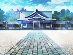 artist_request blue_sky cloud day fence game_cg magia_record:_mahou_shoujo_madoka_magica_gaiden mahou_shoujo_madoka_magica no_humans official_art outdoors path road rope scenery shide shimenawa shrine sky tree