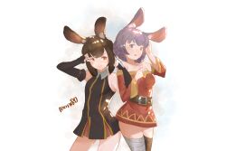 Rule 34 | 2girls, :&gt;, animal ear fluff, arm up, artist name, asymmetrical legwear, bandaged leg, bandages, bare shoulders, belt, black dress, black sleeves, black thighhighs, blush, bob cut, breasts, brown hair, closed mouth, collarbone, collared dress, cosplay, costume switch, cowboy shot, crossover, detached sleeves, dress, female focus, flat chest, hai to gensou no grimgar, hand on own head, hand up, happy, highres, kono subarashii sekai ni shukufuku wo!, legs together, light blush, locked arms, long sleeves, looking at another, looking at viewer, looking to the side, matching hair/eyes, medium breasts, megumin, megumin (cosplay), mismatched legwear, multiple girls, off-shoulder dress, off shoulder, open mouth, purple eyes, purple hair, rabbit ears, rabbit girl, red dress, red eyes, shihoru (grimgar), shihoru (grimgar) (cosplay), short dress, short hair, sidelocks, signature, simple background, single thighhigh, sleeveless, sleeveless dress, smile, spindle (aidenr0), split mouth, standing, thighhighs, thighs, v, v-shaped eyebrows, v over eye, white background, wide sleeves
