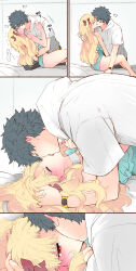 1boy 1girl azumi_(myameco) black_hair blonde_hair commentary couple ereshkigal_(fate) fate/grand_order fate_(series) french_kiss fujimaru_ritsuka_(male) hair_ribbon heart heart-shaped_pupils hetero jacket kiss long_hair one-piece_swimsuit red_eyes red_ribbon ribbon short_hair sitting space_ereshkigal_(fate) space_ereshkigal_(first_ascension)_(fate) swimsuit symbol-only_commentary symbol-shaped_pupils two_side_up white_jacket