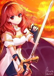 Rule 34 | 1girl, arcelle, armor, black skirt, breastplate, cape, celica (fire emblem), choker, dress, earrings, fingerless gloves, fire emblem, fire emblem echoes: shadows of valentia, gloves, holding, holding sword, holding weapon, jewelry, long hair, nintendo, orange hair, princess, red eyes, red hair, skirt, solo, sunset, sword, tiara, weapon, white armor, white dress