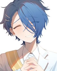 1boy ^_^ absurdres blue_necktie blush closed_eyes diagonal-striped_clothes diagonal-striped_necktie eyes_visible_through_hair formal_clothes grin hair_ornament hair_over_one_eye hairclip head_tilt highres jacket male_focus milgram necktie own_hands_together portrait sakurai_haruka_(milgram) sash shirt short_hair simple_background smile solo striped_clothes suit white_background white_jacket white_shirt white_suit yellow_sash yingwux1