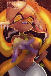 1girl :d asymmetrical_hair blonde_hair blue_tongue breasts colored_eyelashes colored_skin colored_tongue crop_top cross-shaped_pupils cross_top dark-skinned_female dark_skin earrings eel fangs food frye_(splatoon) gradient_skin halter halterneck harem_pants isamu-ki_(yuuki) jewelry large_breasts long_hair long_pointy_ears medium_breasts midriff multicolored_skin multiple_earrings navel nintendo object_on_head open_mouth pants pointy_ears shirt short_eyebrows sleeveless sleeveless_shirt smile snowflake_print solo splatoon_(series) splatoon_3 symbol-shaped_pupils teeth tempura tentacle_hair tongue tongue_out tooth_earrings two-tone_skin uneven_eyes white_pants yellow_eyes
