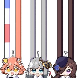 ! +_+ 3girls animal_ears black_hair blue_eyes blunt_bangs chrono_genesis_(umamusume) comically_large_ears grey_hair hair_ornament hair_over_one_eye highres horse_ears looking_at_viewer matikanefukukitaru_(umamusume) multiple_girls open_mouth orange_eyes orange_hair rice_shower_(umamusume) school_uniform simple_background smile temu_(kobaeihuk) tracen_school_uniform umamusume very_long_ears white_background