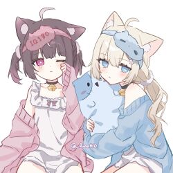 2girls ahoge animal_ears bare_shoulders blonde_hair blue_eyes brown_hair cat_ears closed_mouth cross-shaped_pupils dress heart heart-shaped_pupils highres holding holding_stuffed_toy light_blush long_hair looking_at_viewer luna_(luna610) luna_(luna610)_(character) medium_hair multiple_girls one_eye_closed original pink_pupils ponytail short_twintails simple_background stuffed_toy symbol-shaped_pupils tearing_up twintails twitter_username white_background white_dress