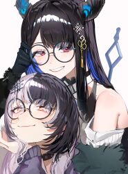 Rule 34 | 2girls, absurdres, black choker, black gloves, black hair, black horns, bloom muchi, blue eyes, blue horns, choker, colored inner hair, glasses, gloves, grey hair, highres, hololive, hololive english, horns, multicolored hair, multicolored horns, multiple girls, nerissa ravencroft, red eyes, round eyewear, shiori novella, simple background, split-color hair, two-tone hair, virtual youtuber, white background