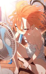 1girl ahoge blue_archive blush breasts camisole eyelashes food food_in_mouth halo highres mole mole_under_eye neru_(blue_archive) orange_hair popsicle popsicle_in_mouth pyytato red_eyes short_hair small_breasts spread_legs white_camisole