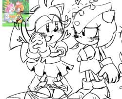 2girls amy_rose animal_ears animal_nose commentary english_commentary fang fishsoof furry furry_female game_screenshot_inset gloves heart multiple_girls open_mouth reference_inset reptile_girl shoes sketch skirt smile sonic_(series) sonic_the_hedgehog_(classic) trip_the_sungazer yuri
