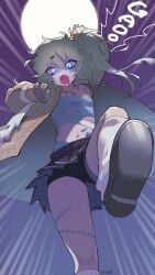 1girl arm_up armpit_peek bandaged_arm bandaged_chest bandages bike_shorts blonde_hair blood blood_from_mouth bloody_tears blue_blood blue_eyes blue_nails breasts cardigan claw_pose collarbone commentary_request emphasis_lines fangs fingernails foot_out_of_frame from_below gao glowing glowing_eyes gradient_background halloween halloween_costume hand_up highres imminent_stomping jewelry kasukabe_tsumugi leg_warmers loafers long_hair looking_at_viewer magatama magatama_necklace marutsubo messy_hair mole mole_under_eye navel necklace no_shirt one_side_up open_cardigan open_clothes open_mouth pleated_skirt purple_background sharp_fingernails shoes shouting signature skirt small_breasts solo standing standing_on_one_leg stitched_leg stitches stomach thick_eyelashes upskirt v-shaped_eyebrows voicevox white_leg_warmers