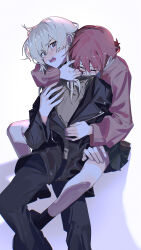 2girls absurdres biting_shoulder black_jacket black_pants black_socks brown_hair brown_sweater cardigan commentary english_commentary girls_band_cry grey_eyes grey_hair highres iseri_nina jacket kawaragi_momoka long_sleeves low_twintails multicolored_hair multiple_girls pants red_cardigan roots_(hair) short_hair short_twintails socks sweater twintails ydpfa yuri