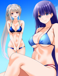 2girls bare_shoulders bikini blue_bikini blue_eyes blue_hair blush braid braided_hair_rings breasts cleavage commission engo_(aquawatery) fate/grand_order fate_(series) grey_hair hair_rings highres large_breasts long_hair looking_at_viewer martha_(fate) multicolored_hair multiple_girls navel pixiv_commission ponytail johanna_(fate) purple_eyes purple_hair smile swimsuit thighs twin_braids two-tone_hair