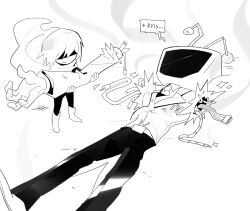 1boy 1other ant_tenna belt belt_buckle bodysuit boots buckle cable cape carbingsu clothed_robot collared_shirt cracked_screen crt deltarune greyscale highres holding_limb humanoid_robot kris_(dark_world)_(deltarune) kris_(deltarune) lying mechabare missing_limb monochrome necktie object_head on_back pants pointy_nose robot shirt shoes speech_bubble standing tailcoat torn_clothes