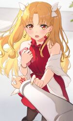 1boy 1girl bare_shoulders blonde_hair blush bow box bracelet brown_pantyhose command_spell commission cross cross_necklace dress earrings ereshkigal_(bitter_sweet)_(fate) ereshkigal_(fate) fate/grand_order fate_(series) fujimaru_ritsuka_(male) gift gift_box hair_bow highres jewelry long_hair looking_at_viewer mitsuria_(kanesho1102) necklace off_shoulder open_mouth pantyhose parted_bangs red_dress red_eyes ribbon shawl skeb_commission solo_focus two_side_up white_bow