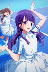 Rule 34 | 22/7, 2girls, :d, ^ ^, arm up, bow, brown hair, center-flap bangs, closed eyes, collared dress, dancing, dress, emblem, fanged bangs, hair bow, hair ornament, highres, ichinose hotaru, igashiko, long hair, looking at viewer, mole, mole under eye, multiple girls, open mouth, pink bow, pleated dress, purple eyes, purple hair, sera honoka, short sleeves, smile, tennis court, two side up, white dress
