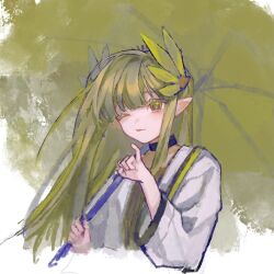 1girl ;p arknights black_choker blonde_hair chinese_commentary choker closed_mouth commentary_request cropped_torso elf hand_up holding jacket long_hair long_sleeves looking_at_viewer muelsyse_(arknights) one_eye_closed pinky_out pointy_ears smile solo tongue tongue_out white_jacket yellow_eyes yezhi_dun_luobei