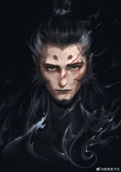 1boy beard black_bow black_hair black_shirt blood blood_on_face bow chinese_commentary closed_mouth commentary_request crying crying_with_eyes_open facial_hair furrowed_brow green_eyes highres injury lips long_hair looking_at_viewer male_focus nezha_zhi_motong_jiangshi realistic sad shen_gongbao_(nezha_zhi_motong_jiangshi) shirt simple_background smoke solo streaming_tears tears thick_eyebrows topknot turtleneck turtleneck_shirt upper_body watermark weibo_watermark ye_dian_pikaqiu
