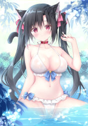 1girl bare_shoulders bikini black_hair blue_bow blush bow breasts choker cleavage closed_mouth collar collarbone frills hair_bow hair_ornament highres korie_riko large_breasts long_hair looking_at_viewer navel original pink_bow pink_eyes red_choker red_eyes ribbon smile solo stomach swimsuit twintails very_long_hair water white_bikini