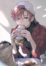 1boy bag baseball_cap black_pants black_shirt checkered_clothes checkered_shirt compression_shirt cup disposable_cup earrings eating elbow_on_table food hair_between_eyes hat highres holding holding_food holding_sandwich jewelry kannnco9 looking_at_viewer male_focus meal nose open_clothes open_mouth original pants paper_bag red_hair red_shirt sandwich sanpaku shirt short_hair simple_background sitting solo table teeth white_hat