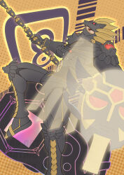 Rule 34 | 1boy, absurdres, armor, black armor, brown background, d-scanner, digimon, digimon (creature), digimon frontier, full body, highres, holding, holding polearm, holding weapon, louwemon, male focus, polearm, red eyes, solo, wata neji, weapon