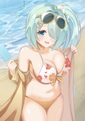 Rule 34 | 1girl, :d, absurdres, aqua eyes, aqua halo, bare shoulders, beach, bikini, blue archive, blush, breasts, cleavage, collarbone, commentary request, cowboy shot, curvy, day, eyewear on head, floral print bikini, flower, food, front-tie bikini top, front-tie top, green hair, hair flower, hair ornament, hair over one eye, hairclip, halo, halterneck, hands up, happy, highres, hiyori (blue archive), hiyori (swimsuit) (blue archive), holding, holding food, holding popsicle, jacket, large breasts, long bangs, long hair, looking at viewer, megi (zdsw2323), multicolored bikini, navel, ocean, official alternate costume, official alternate hairstyle, one eye covered, open clothes, open jacket, open mouth, orange bikini, outdoors, popsicle, print bikini, side ponytail, skindentation, smile, solo, stomach, sunglasses, swimsuit, tareme, two-tone bikini, very long hair, white bikini, white flower, yellow jacket