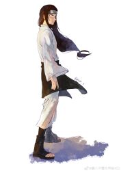 Rule 34 | 1boy, anger vein, black hair, dated, forehead protector, full body, gaozijie422, headband, hyuuga neji, long hair, male focus, naruto (series), pants, solo, standing, toeless footwear, white background, white pants, wide sleeves