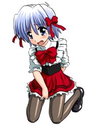 00s 1boy ayasaki_hayate bandabekken blue_eyes blue_hair bronze_parrot crossdressing crossdressing_(mtf) full_body hayate_no_gotoku! kneeling male_focus matching_hair/eyes non-web_source pantyhose short_hair simple_background solo tears trap waitress