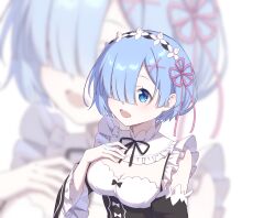 1girl blue_eyes blue_hair breasts cleavage commentary detached_sleeves hair_ornament hair_over_one_eye highres looking_at_viewer luyue maid open_mouth re:zero_kara_hajimeru_isekai_seikatsu rem_(re:zero) short_hair solo upper_body white_background wide_sleeves zoom_layer